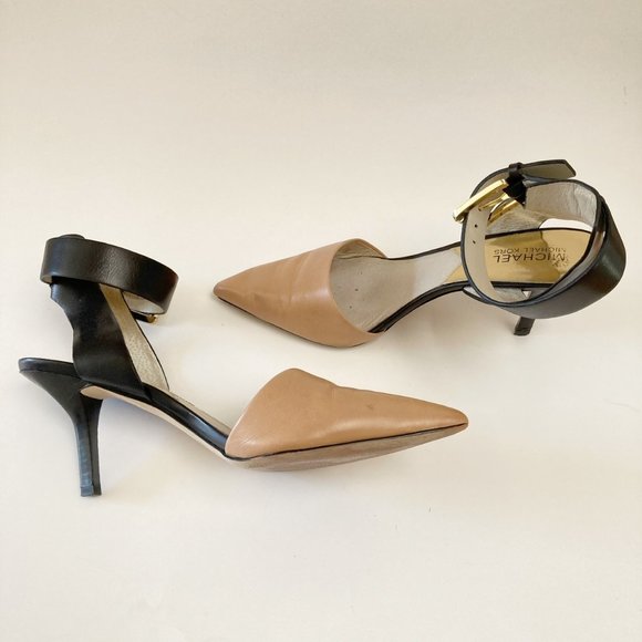 Michael KORS JULIETA Black Tan Leather Wide Ankle Strap Pointed Toe Slingback 8M - Picture 3 of 16